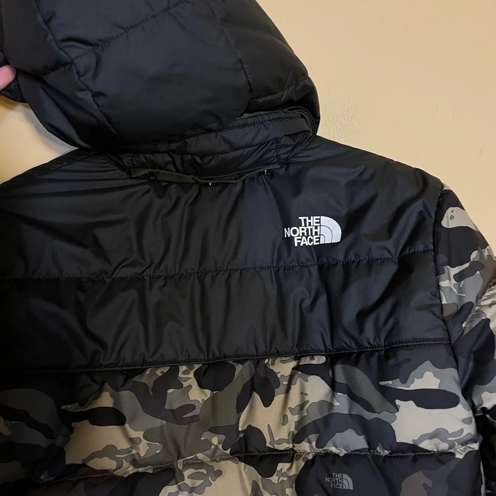 The North Face Black and Gray Camo Hooded Puffer